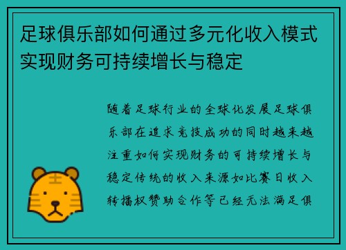 足球俱乐部如何通过多元化收入模式实现财务可持续增长与稳定