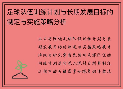 足球队伍训练计划与长期发展目标的制定与实施策略分析