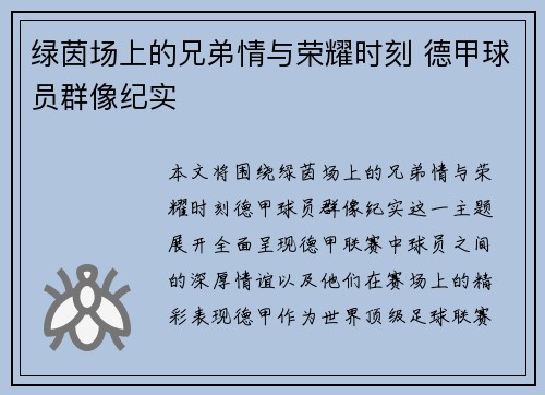 绿茵场上的兄弟情与荣耀时刻 德甲球员群像纪实